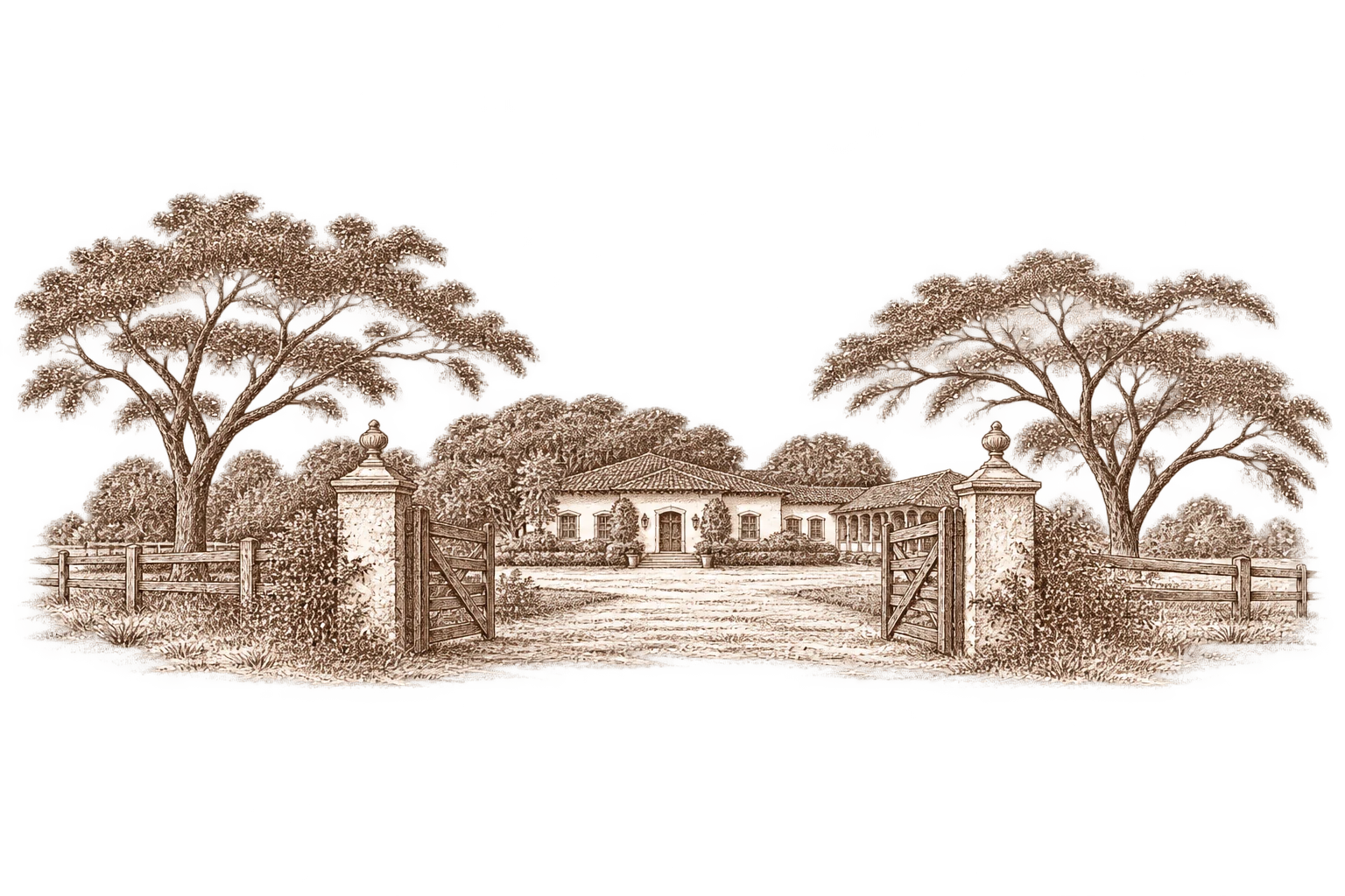 Gravura delicada da entrada de um haras, com árvores e uma casa de fazenda