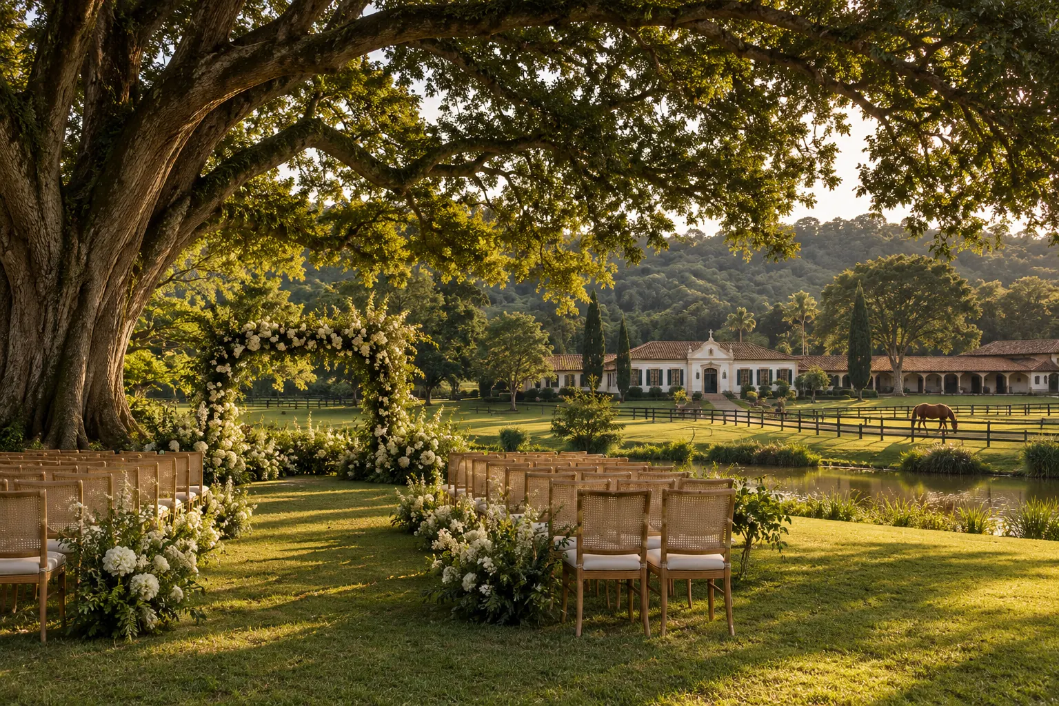 Uma cerimônia elegante ao ar livre em uma fazenda, sob árvores ao entardecer