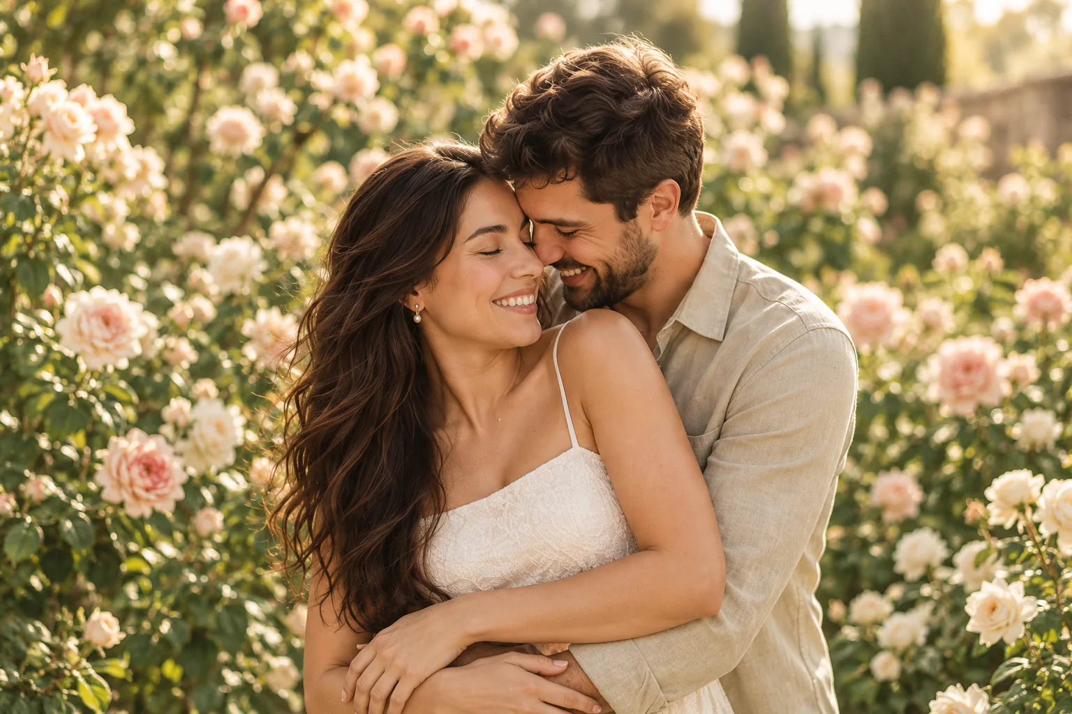 Isabela e Lucas se abraçam em um jardim de rosas. Fotografia ilustrativa.