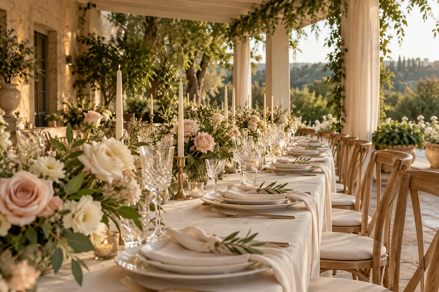 Uma mesa posta com flores rosadas e velas, em uma varanda cercada de jardim. Fotografia ilustrativa.
